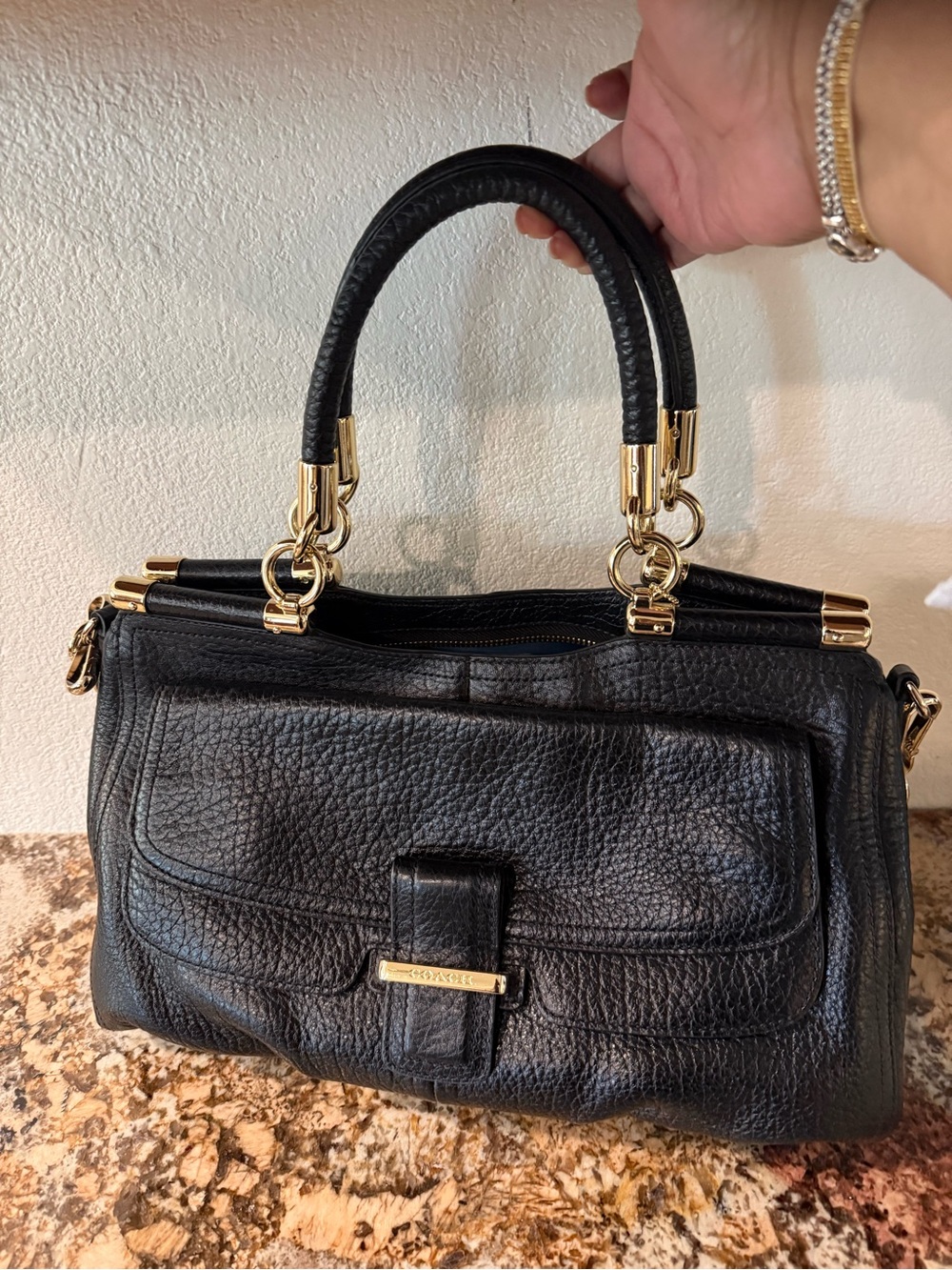 Coach Madison Carrie Black Leather Shoulder Bag with Gold Hardware